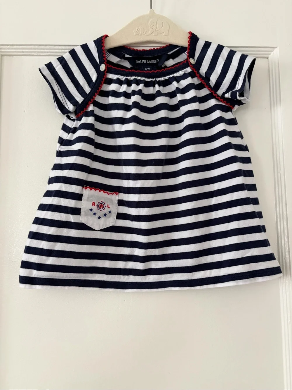 Ralph Lauren Baby Girl Navy White Sailor Stripe Cotton Shirt Dress 12 Months